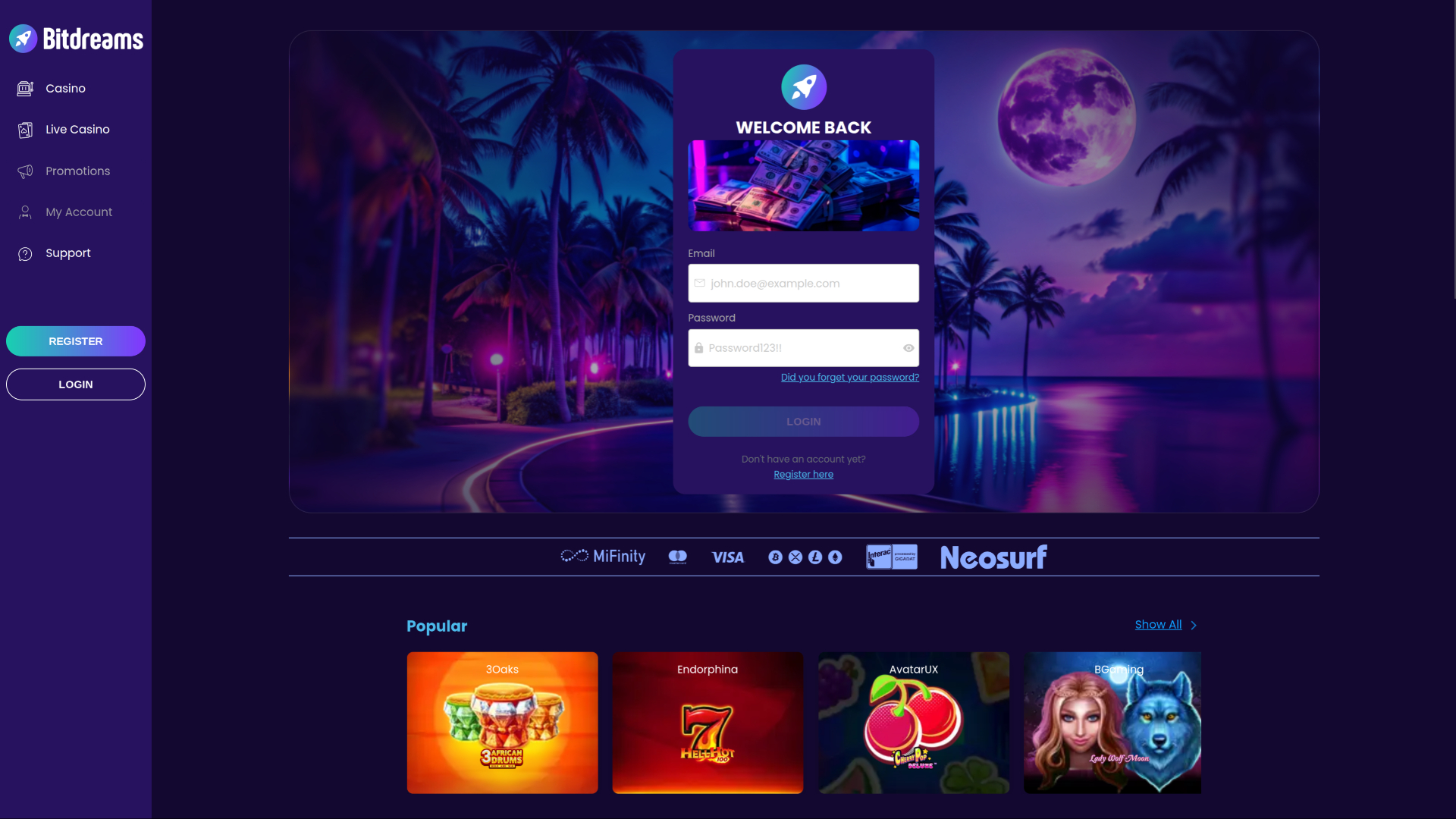 Página de inicio de escritorio de Bitdreams Casino
