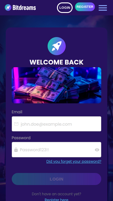 Página de inicio móvil de Bitdreams Casino