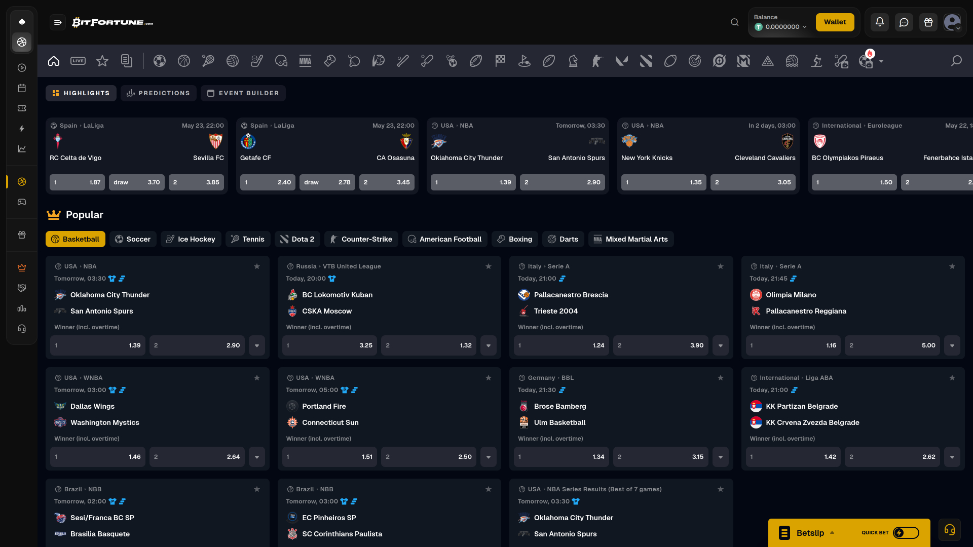 Desktop sportivo del casinò BitFortune