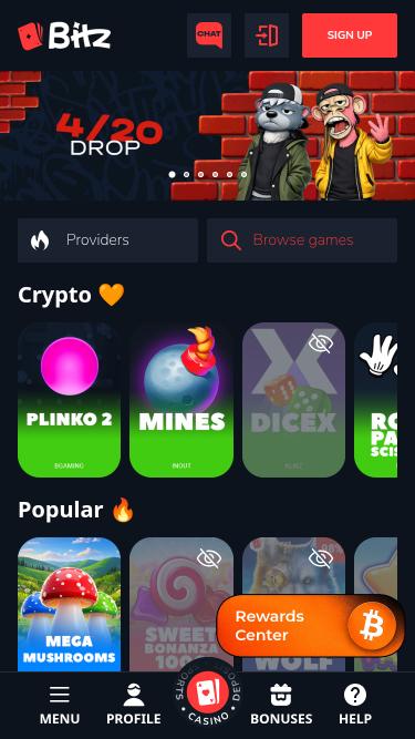 Página principal móvil del casino Bitz.io