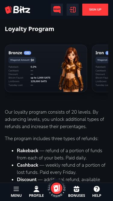 Página móvil VIP del casino Bitz.io