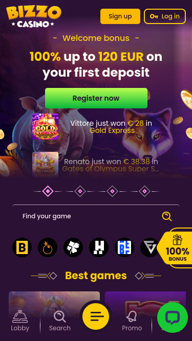 Page d'accueil mobile de Bizzo Casino