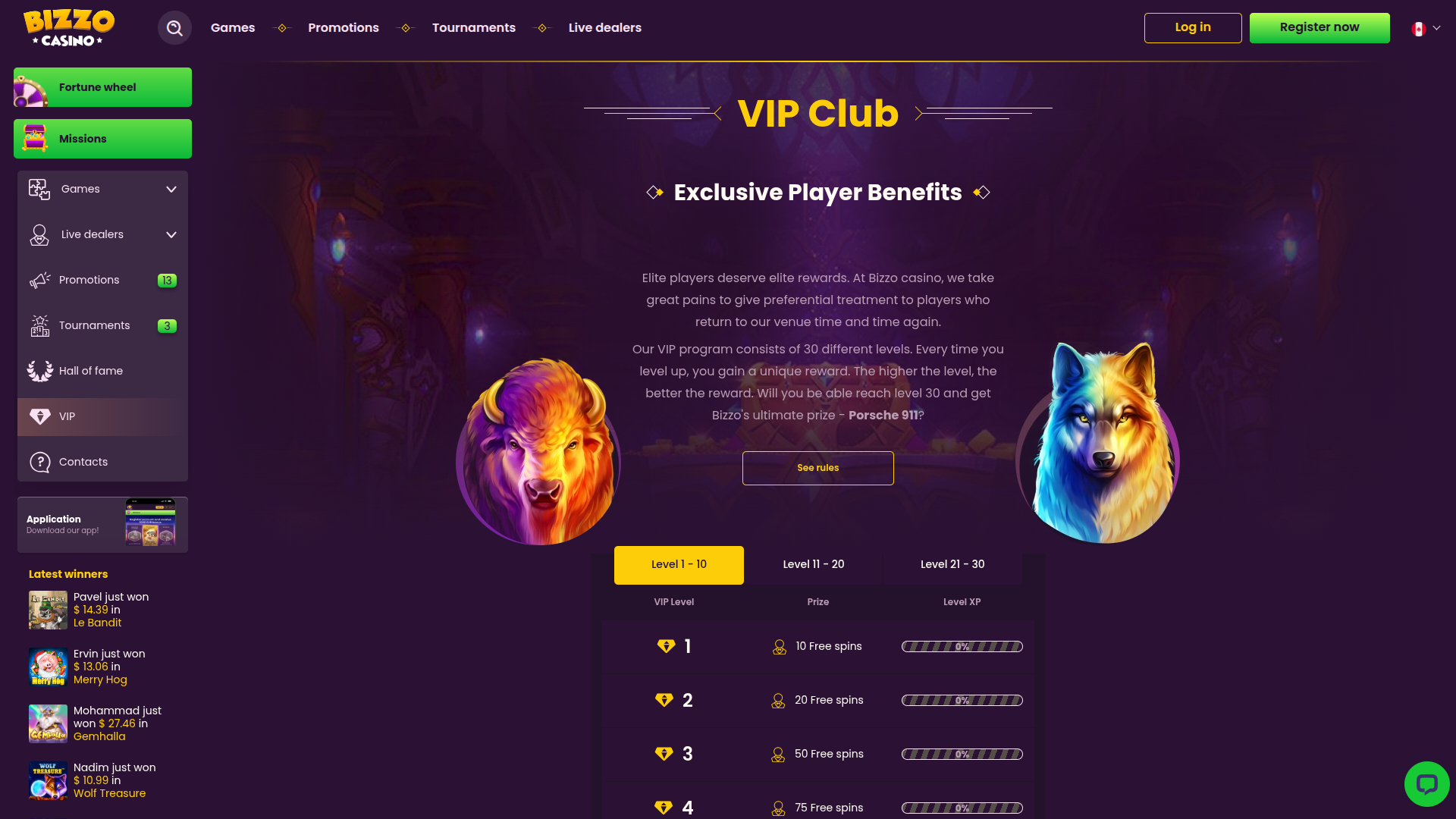 Programme VIP du casino Bizzo pour ordinateur de bureau