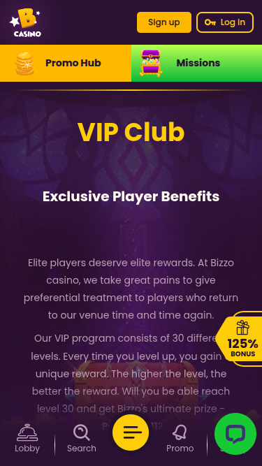 Programme VIP mobile du Bizzo Casino