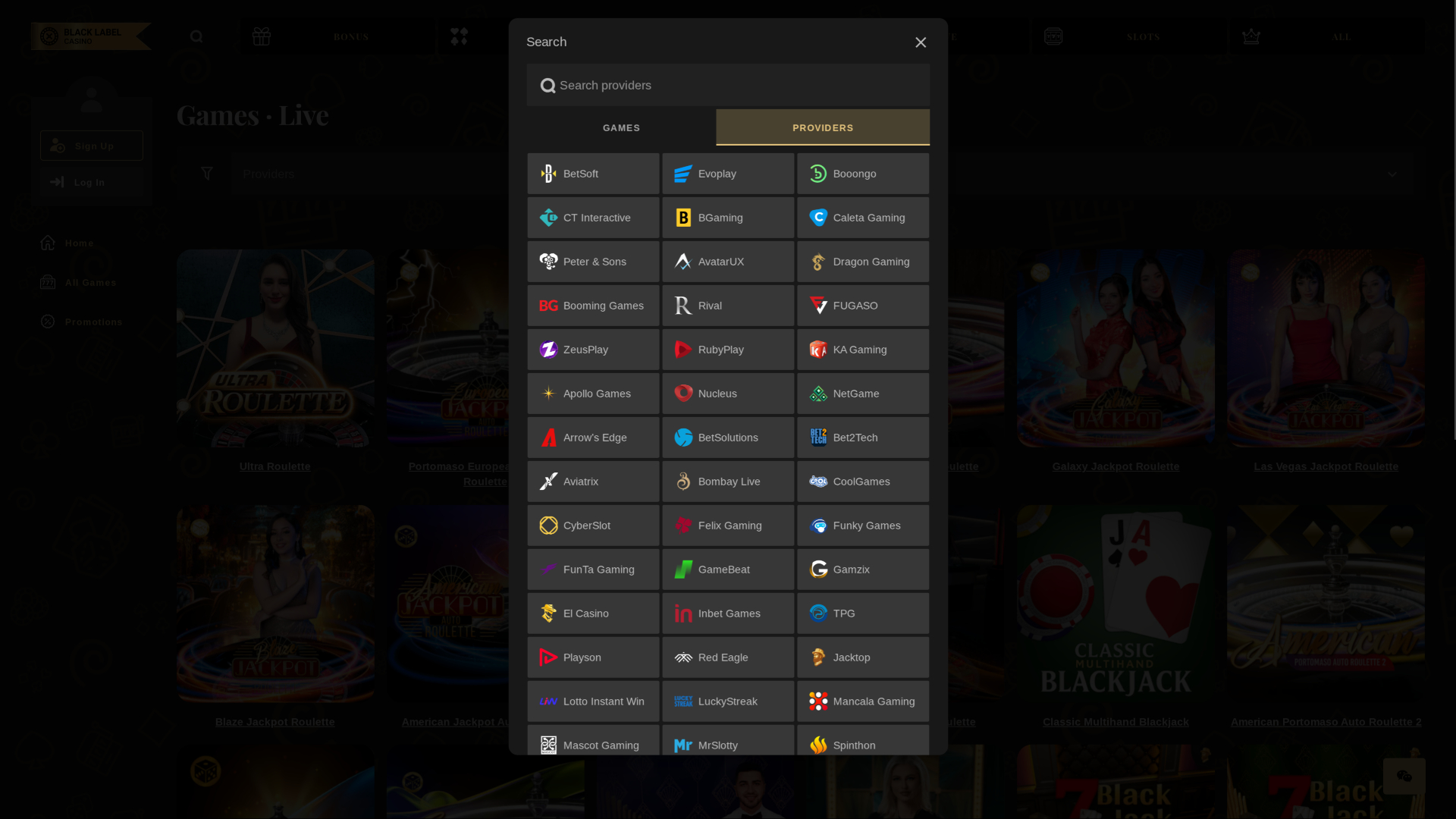 Développeurs de jeux de bureau de Black Label Casino