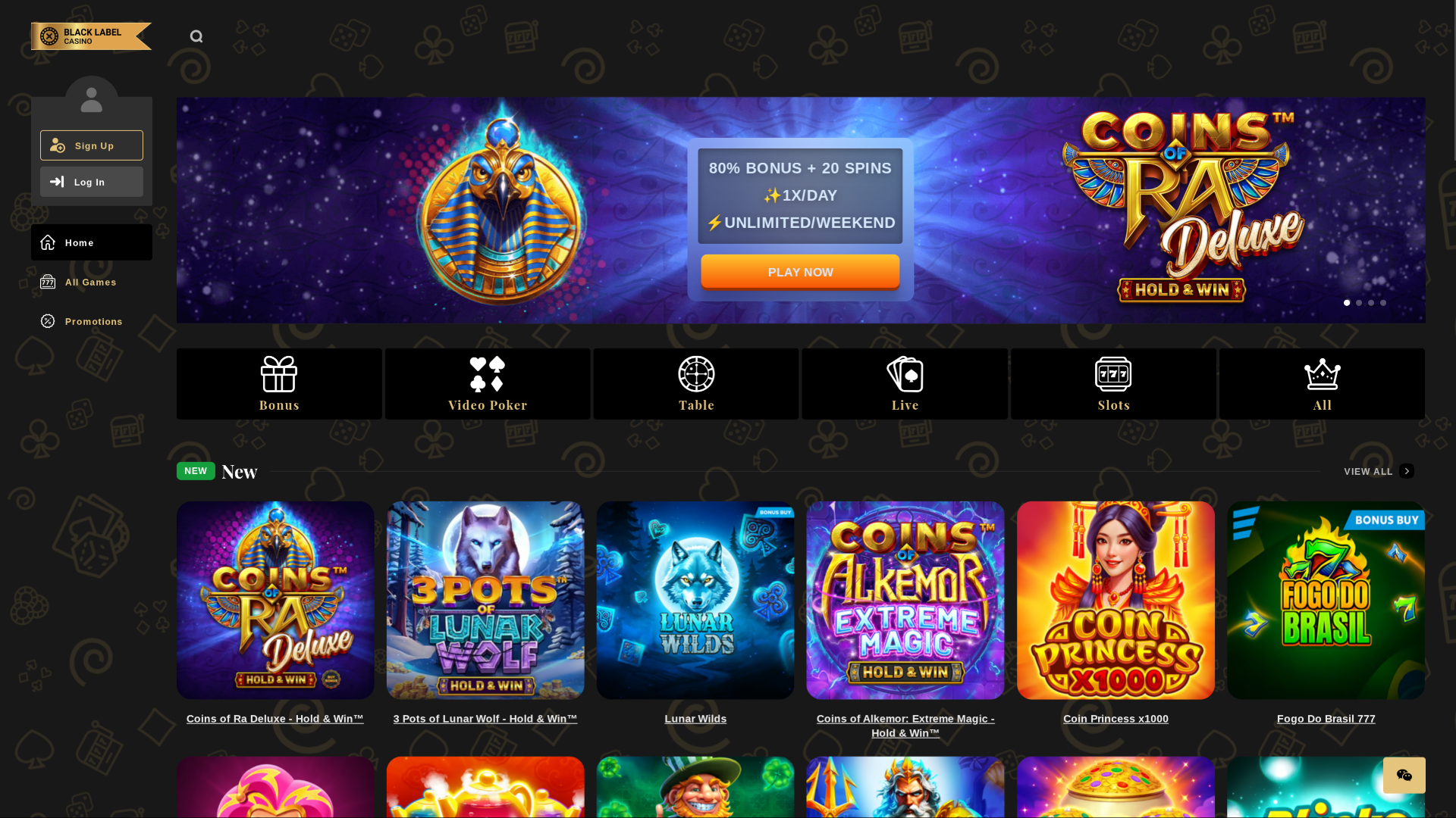 Page d'accueil de bureau de Black Label Casino