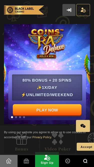 Page d'accueil mobile de Black Label Casino