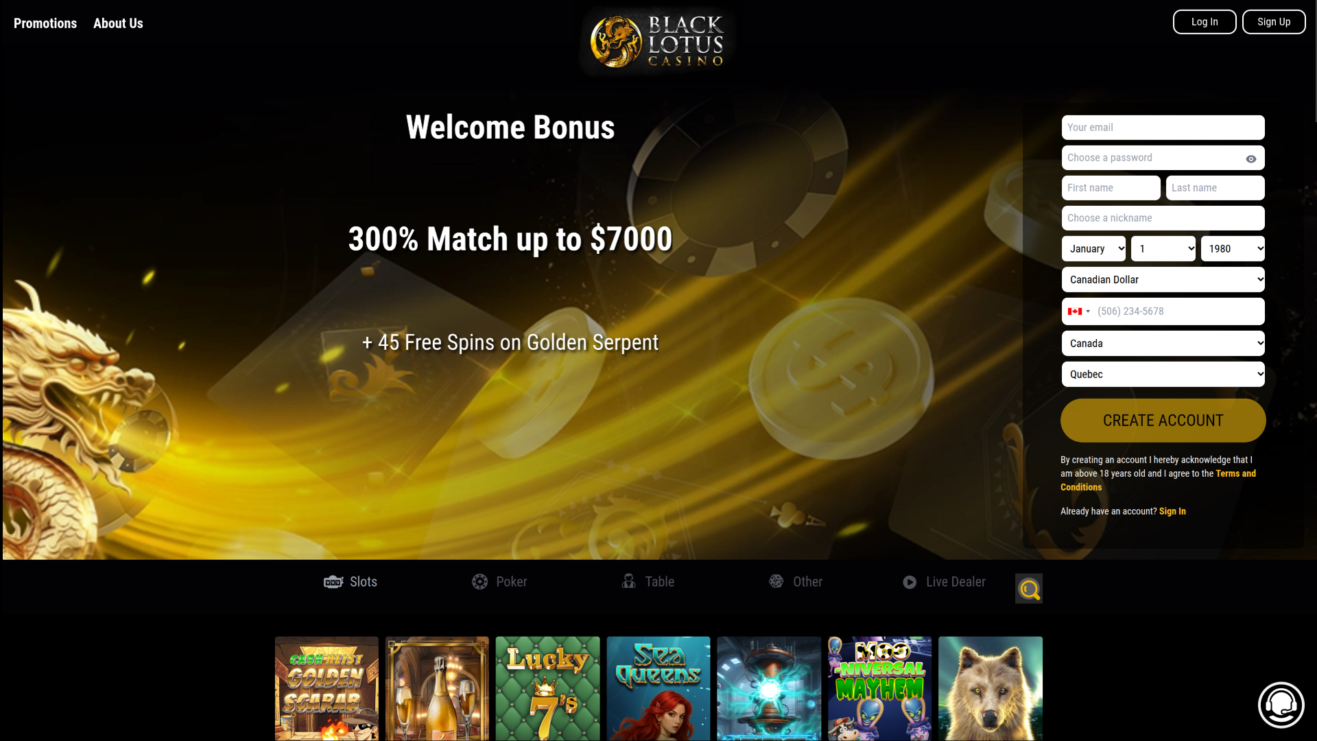 Página de inicio de escritorio de Black Lotus Casino