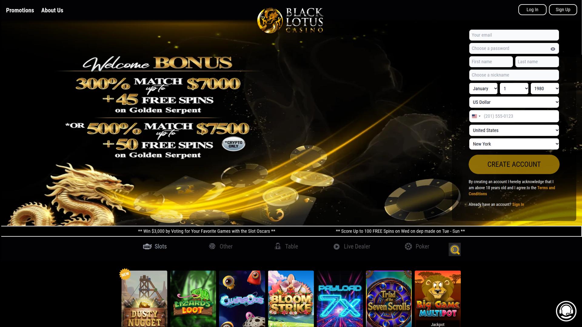 Black Lotus Casino Desktop Homepage