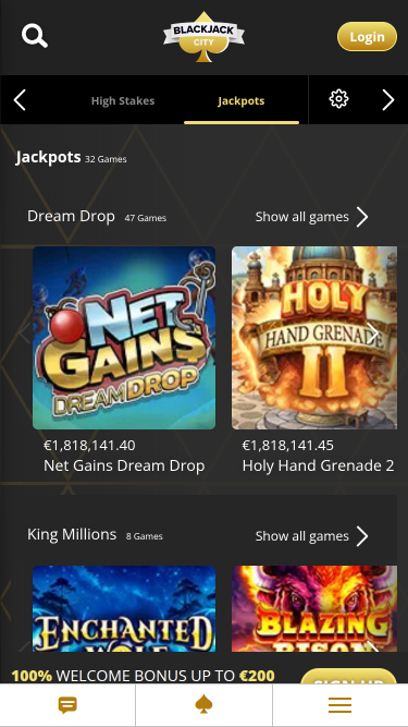 Jackpot mobile di BlackJack City Casino