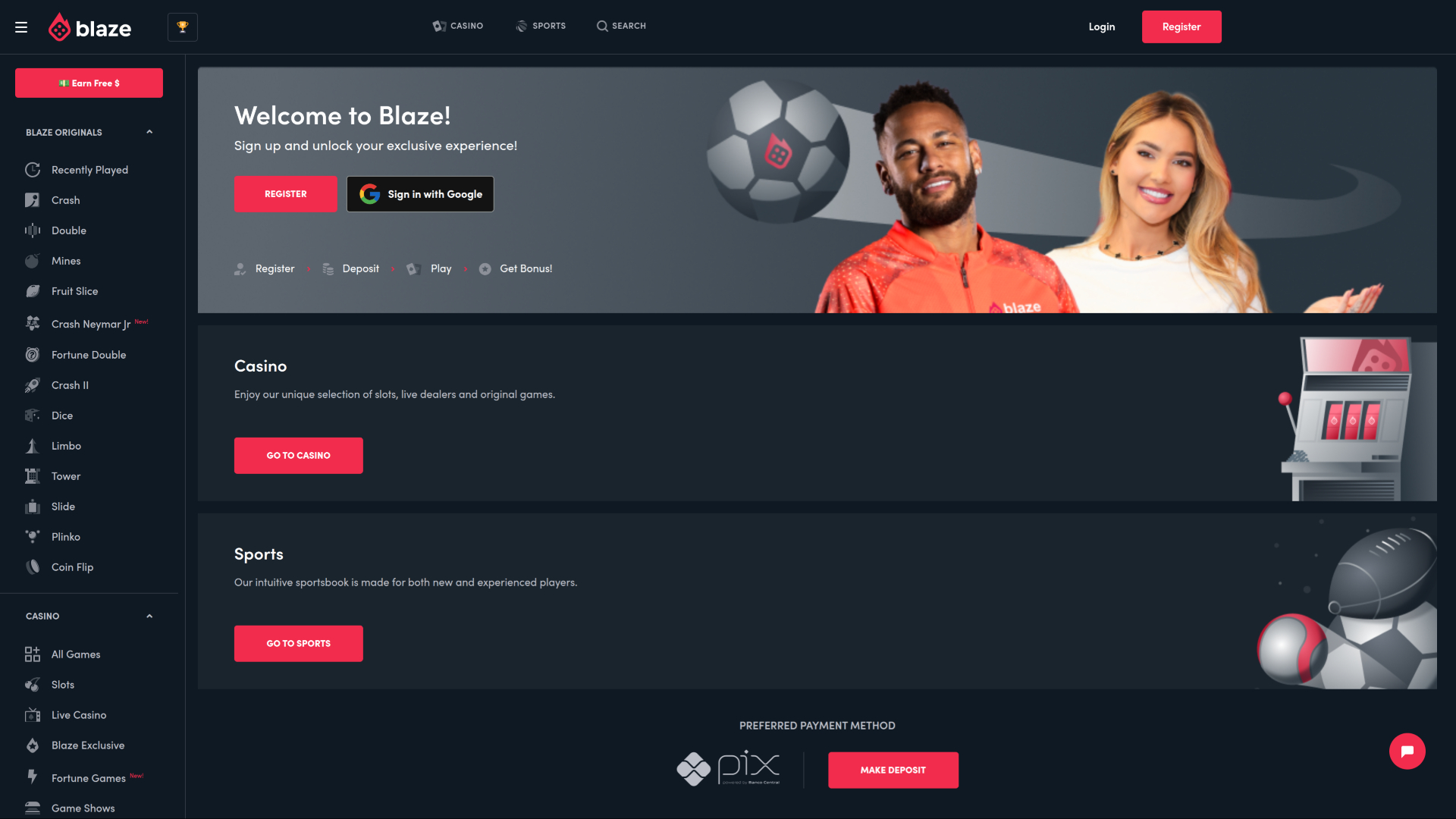 Blaze Casino Desktop-Startseite