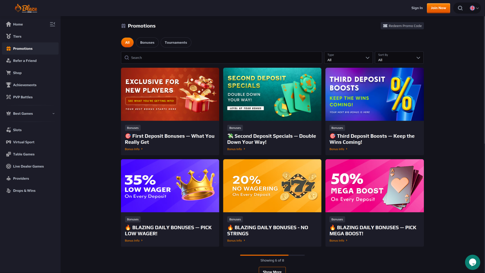 Promotions sur bureau de BlazeSpins Casino