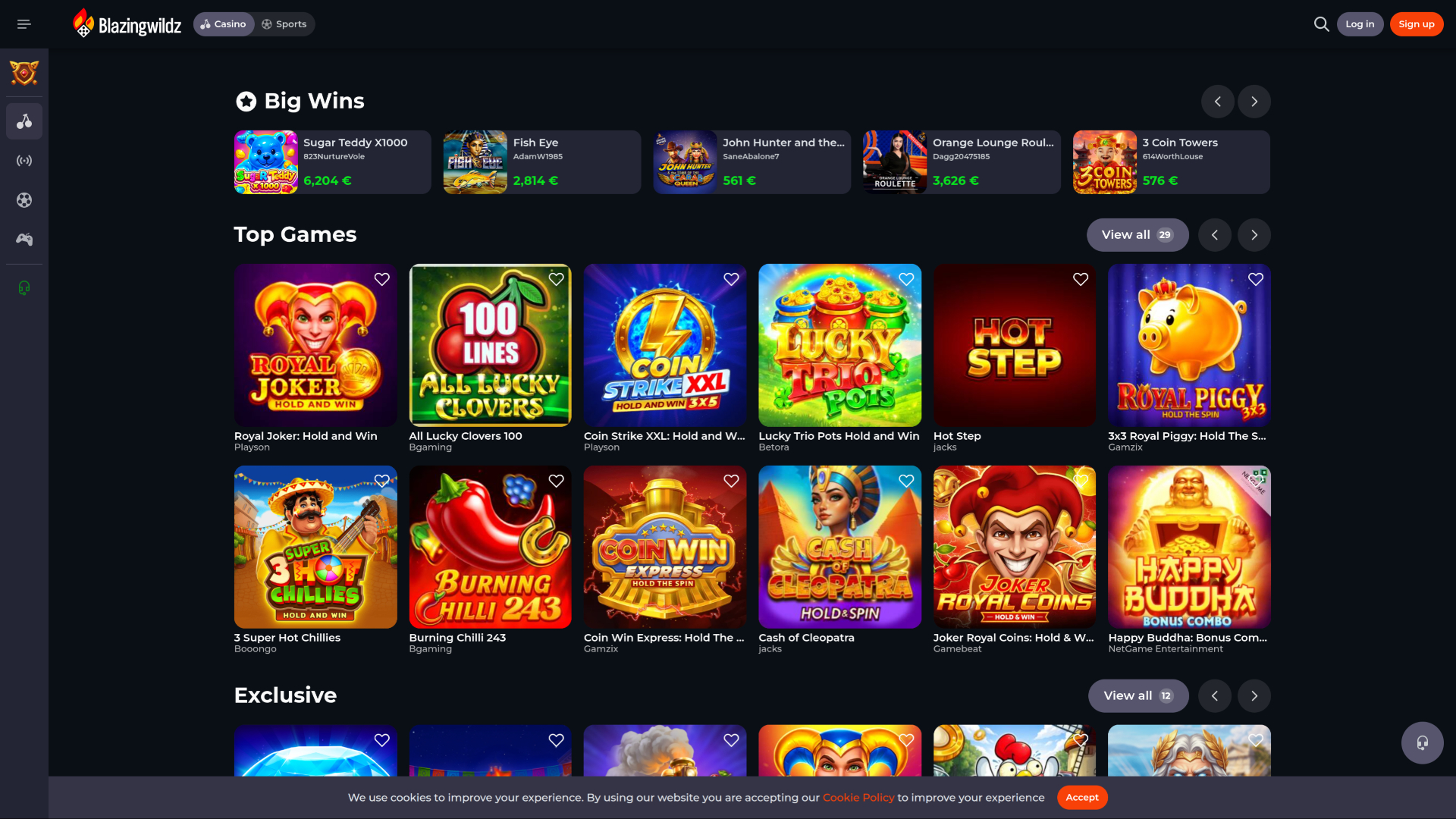 Главная страница казино Blazingwildz для настольных компьютеров