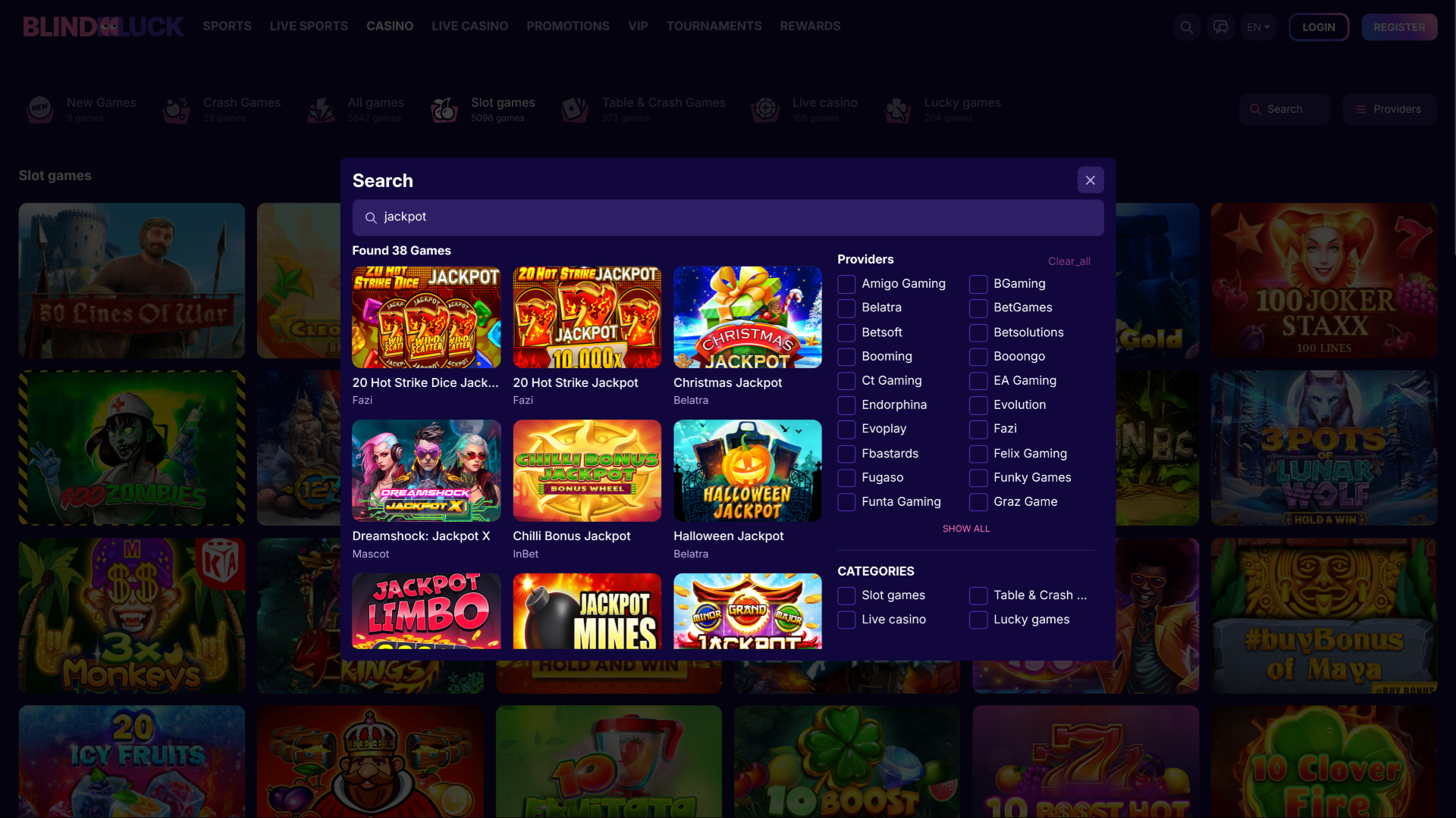 Jackpot BlindLuck Casino pour ordinateur