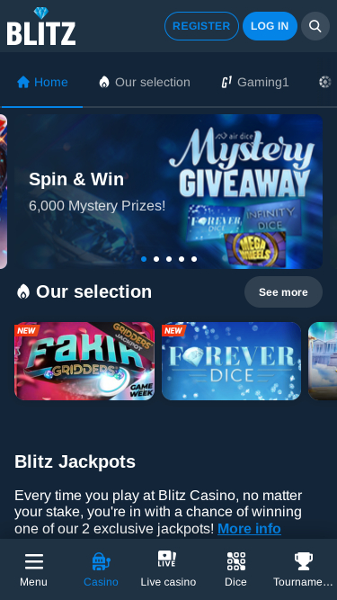 Homepage mobile di Blitz Casino