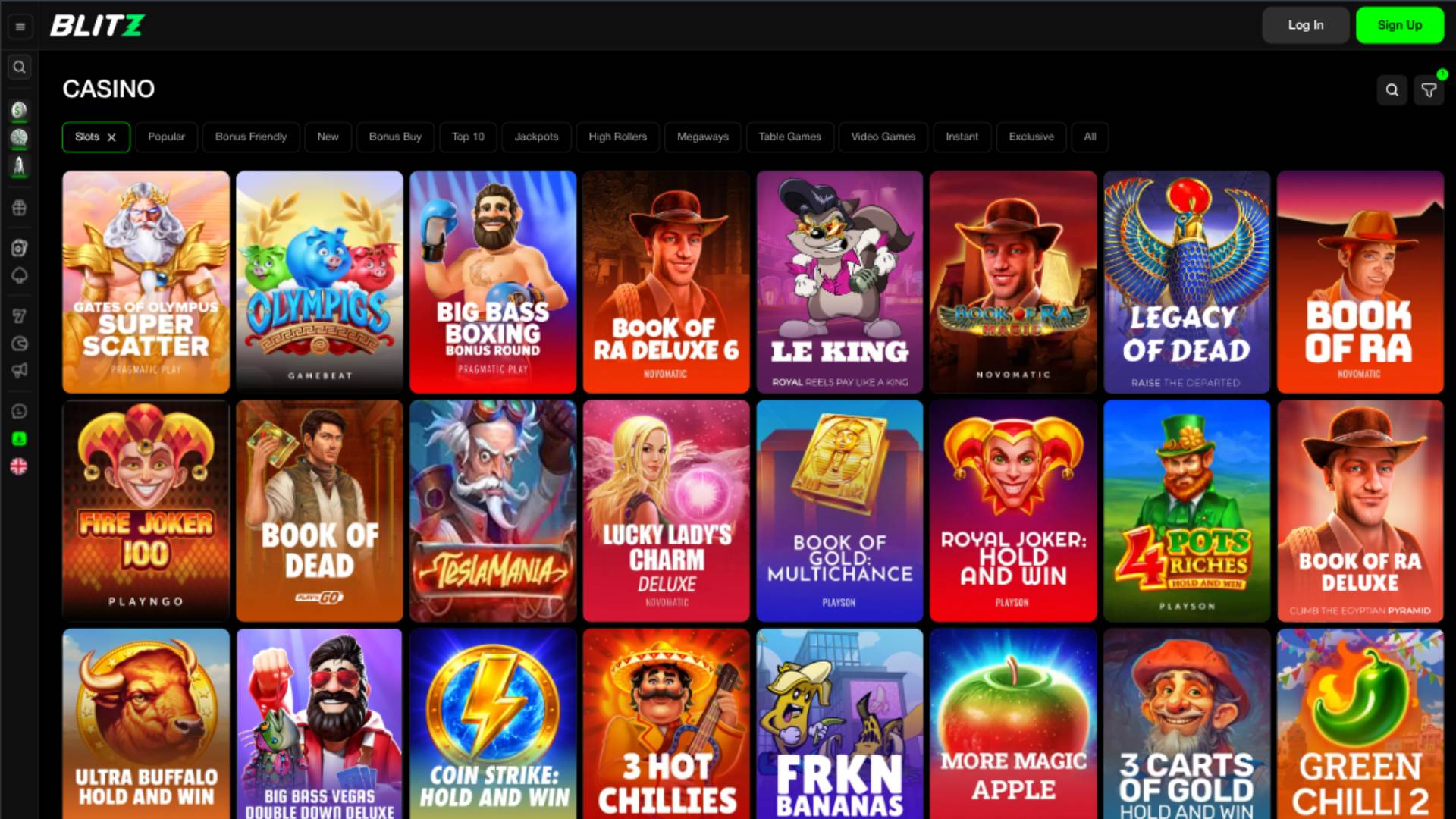 Captura de pantalla de la página de juegos de Blitz Casino