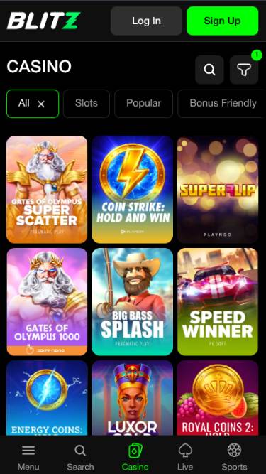 Captura de pantalla de la página de juegos de Blitz Casino