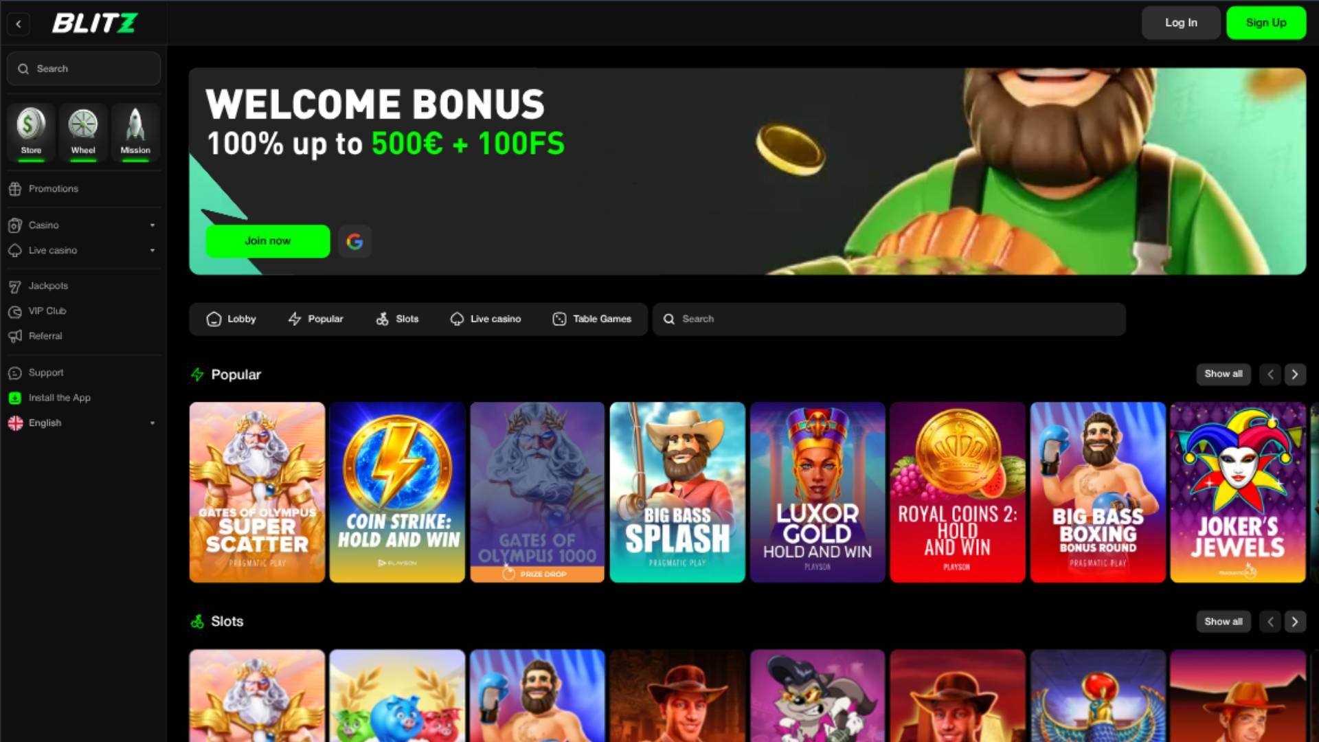 Captura de pantalla de la página principal de Blitz Casino
