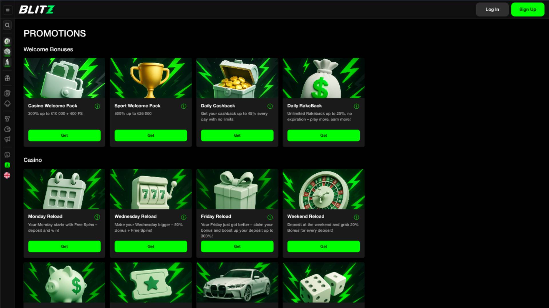 Captura de pantalla de la página de promociones de Blitz Casino.