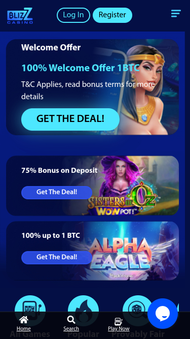 Page d’accueil mobile de Blizz Casino