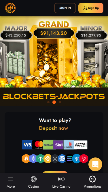 Page d'accueil mobile de BlockBets Casino