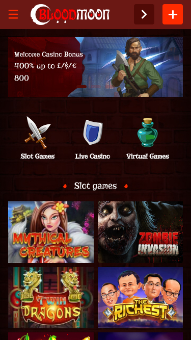 Page d'accueil mobile de Blood Moon Casino