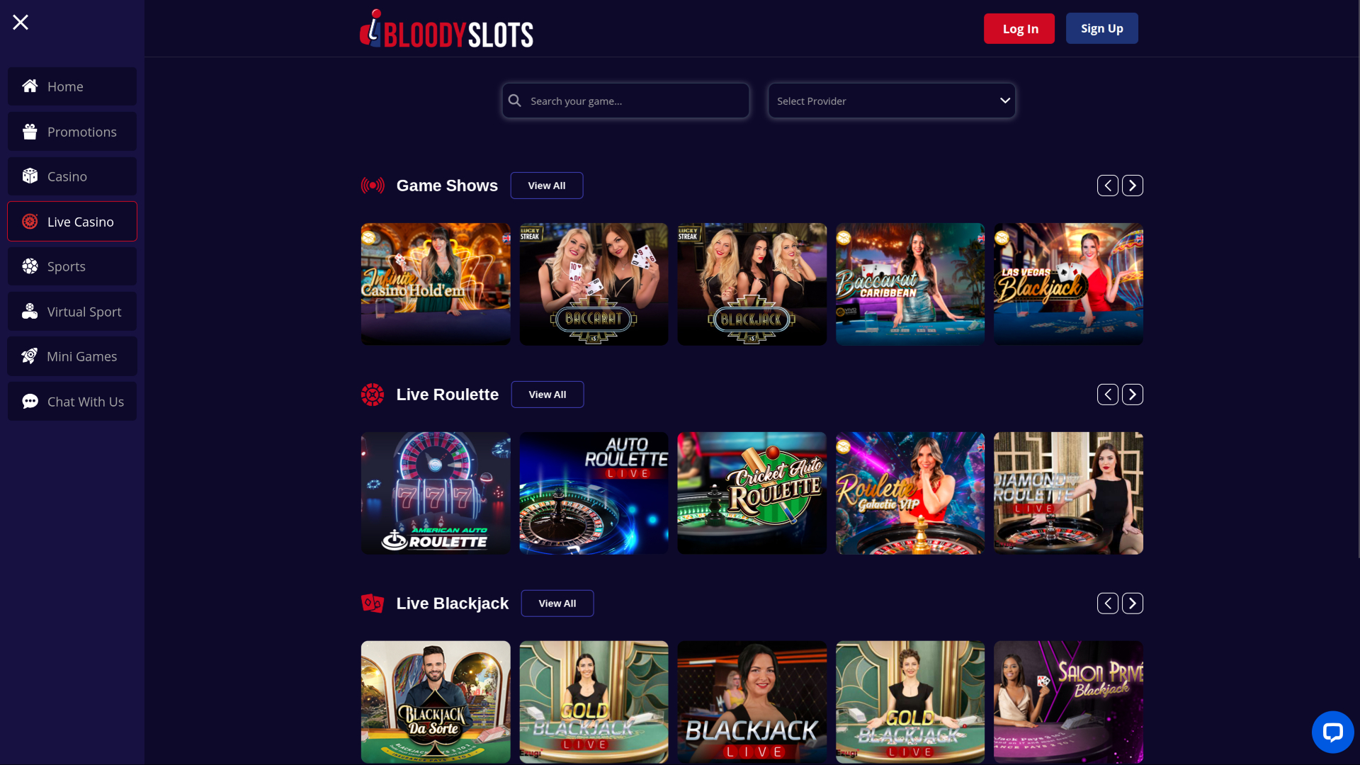 Live dealer desktop di BloodySlots Casino