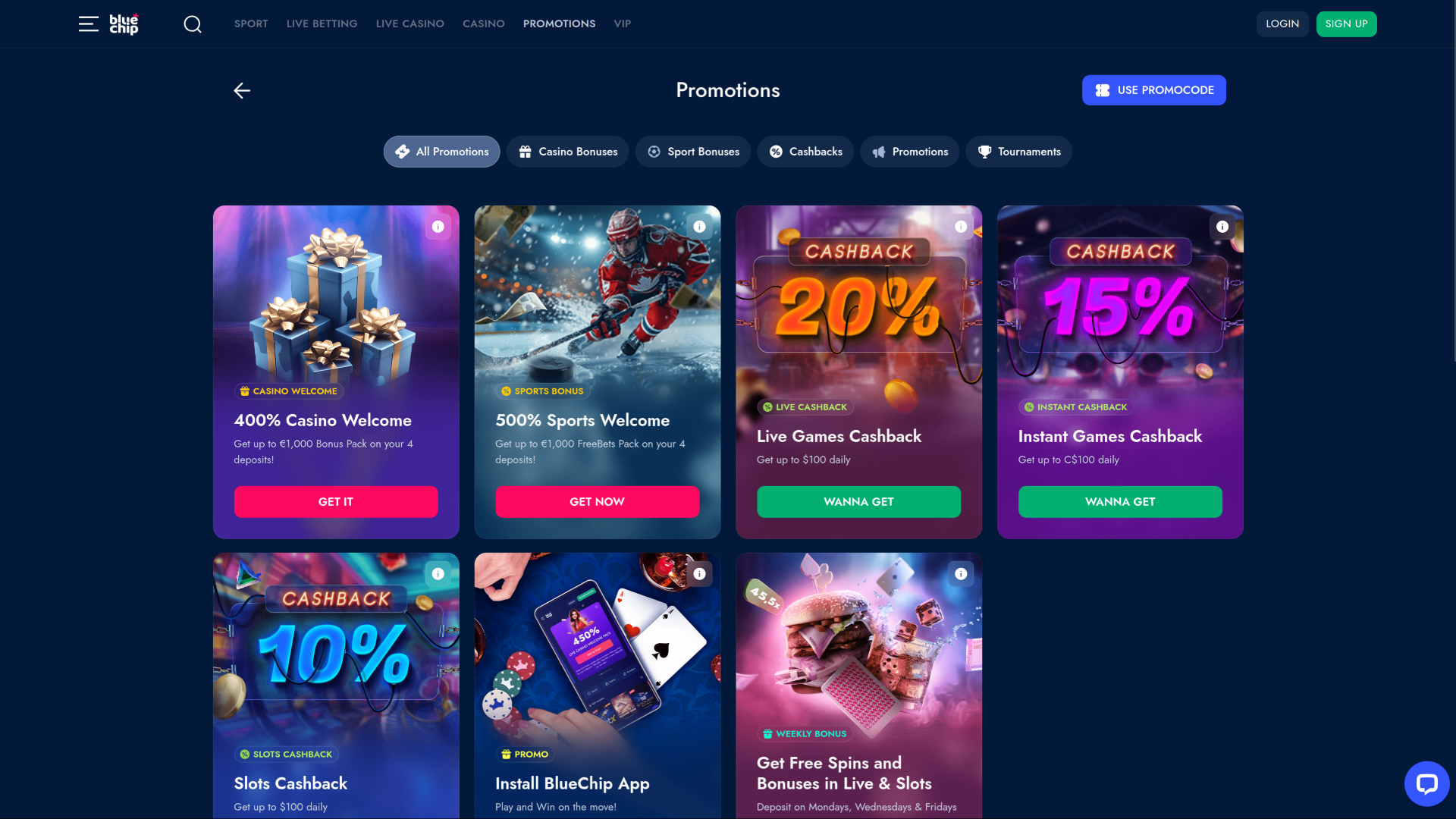 Promotions de BlueChip Casino sur ordinateur