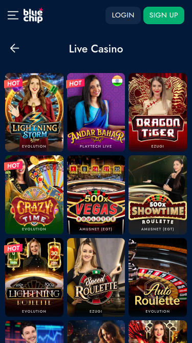 Croupier en direct mobile de BlueChip Casino
