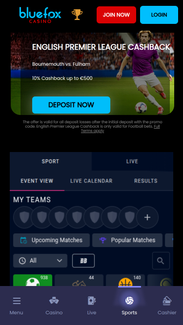 Sport mobile di Blue Fox Casino