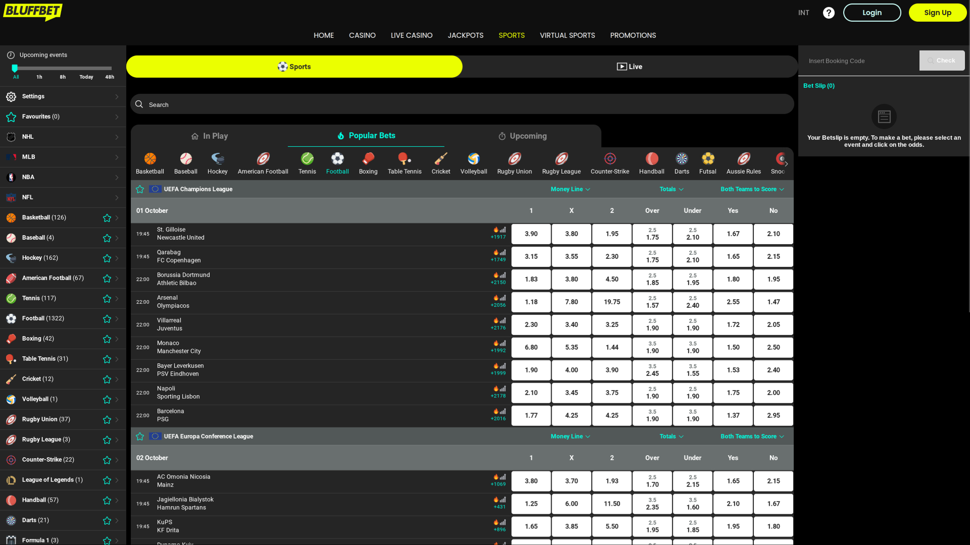 Sports de BluffBet Casino sur ordinateur