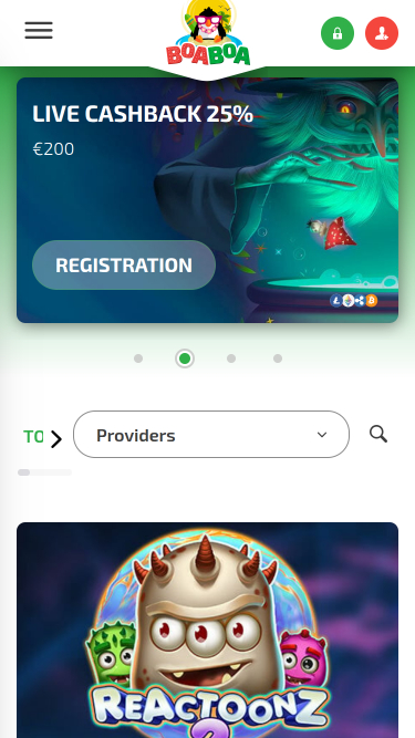 Page d'accueil mobile de BoaBoa Casino