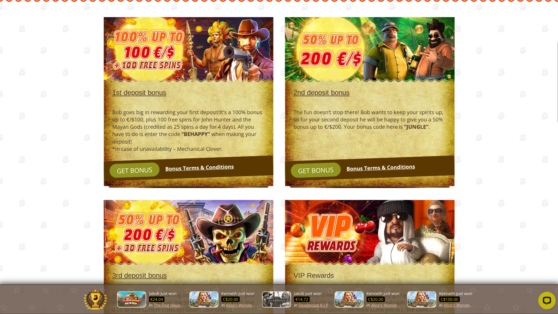 Promotions de bureau de Bob Casino