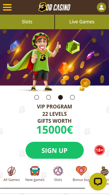 Page d'accueil mobile de Bob Casino