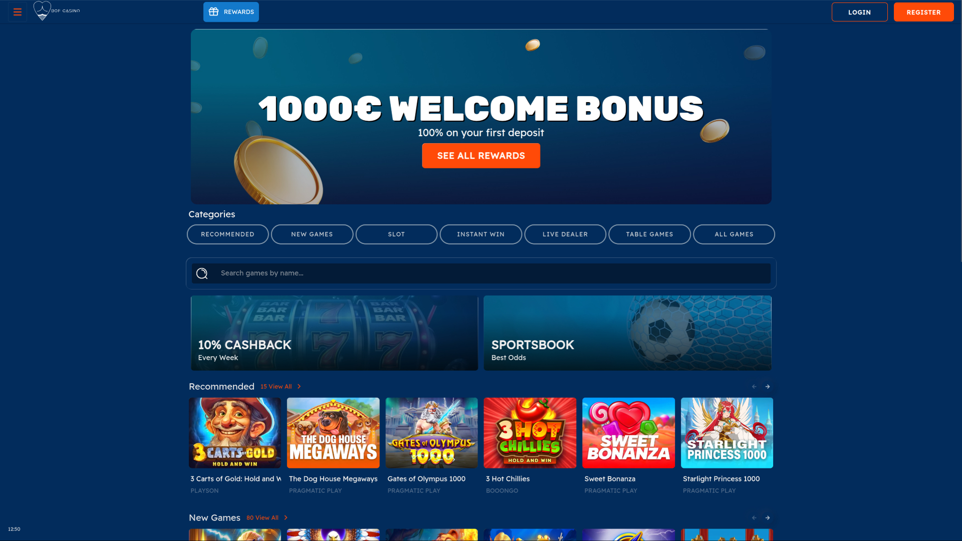 Page d'accueil de bureau de Bof Casino