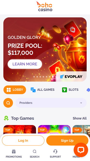 Boho Casino Mobile Homepage