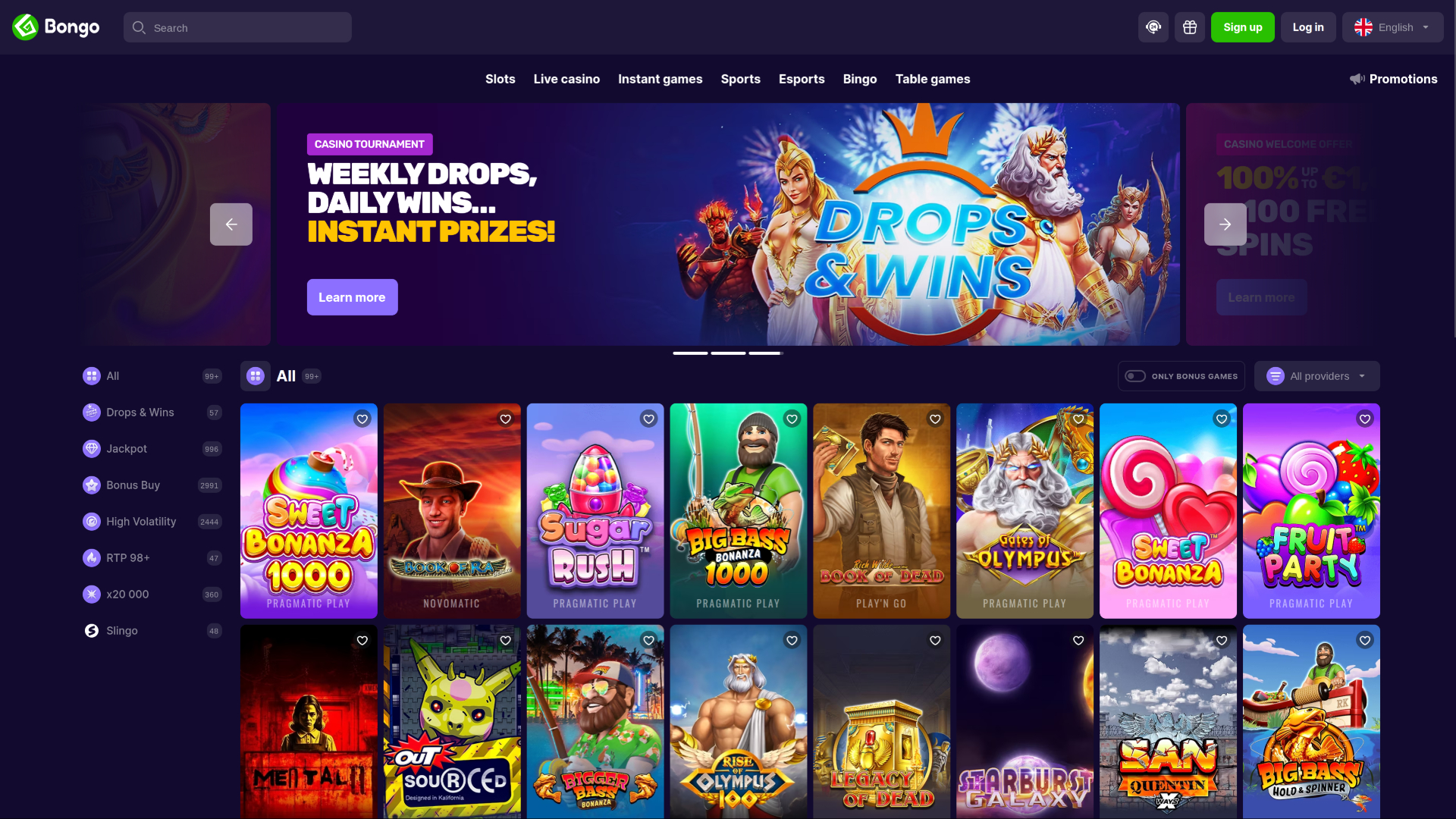 Homepage desktop di Bongo Casino