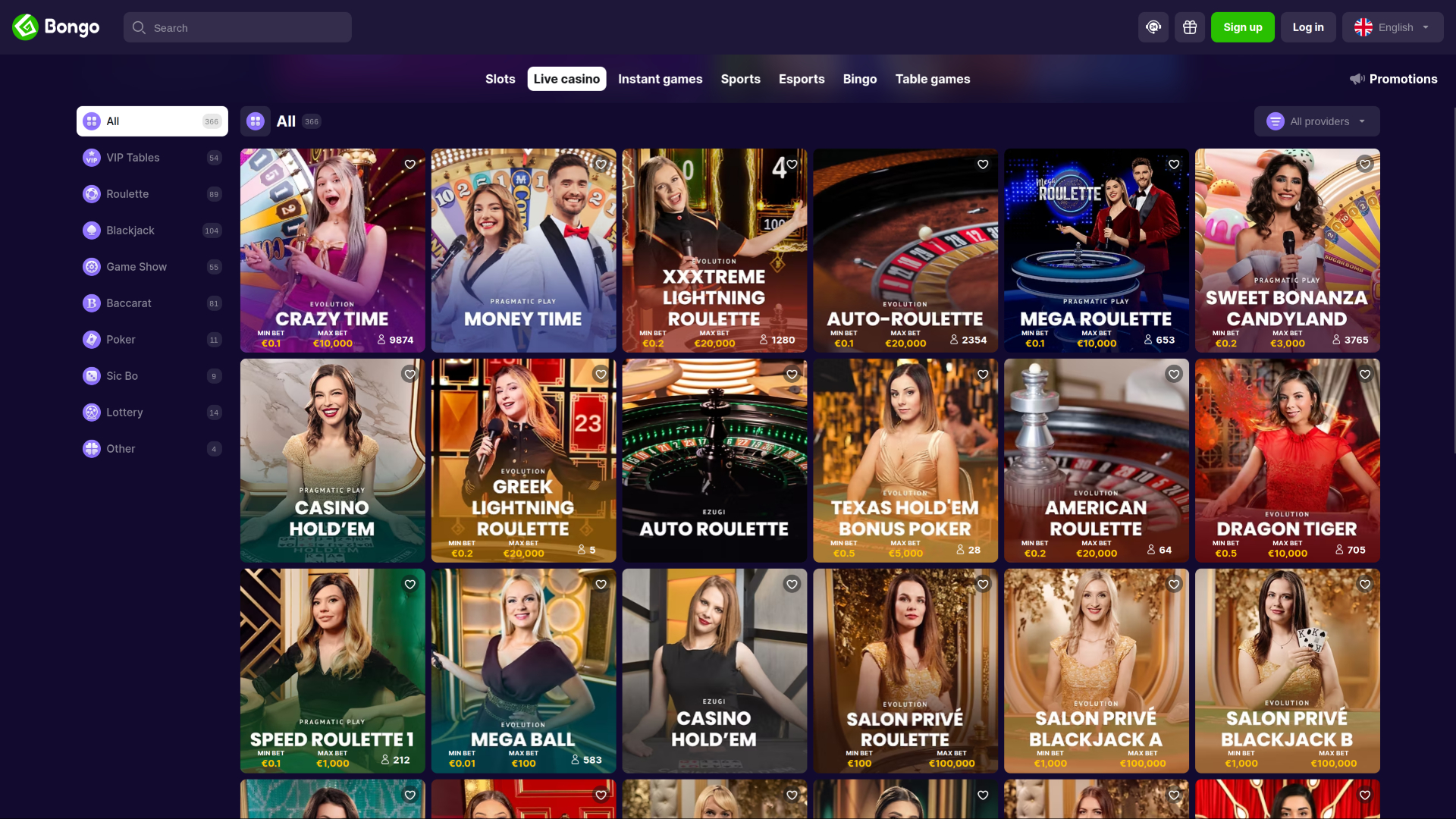 Live dealer desktop di Bongo Casino