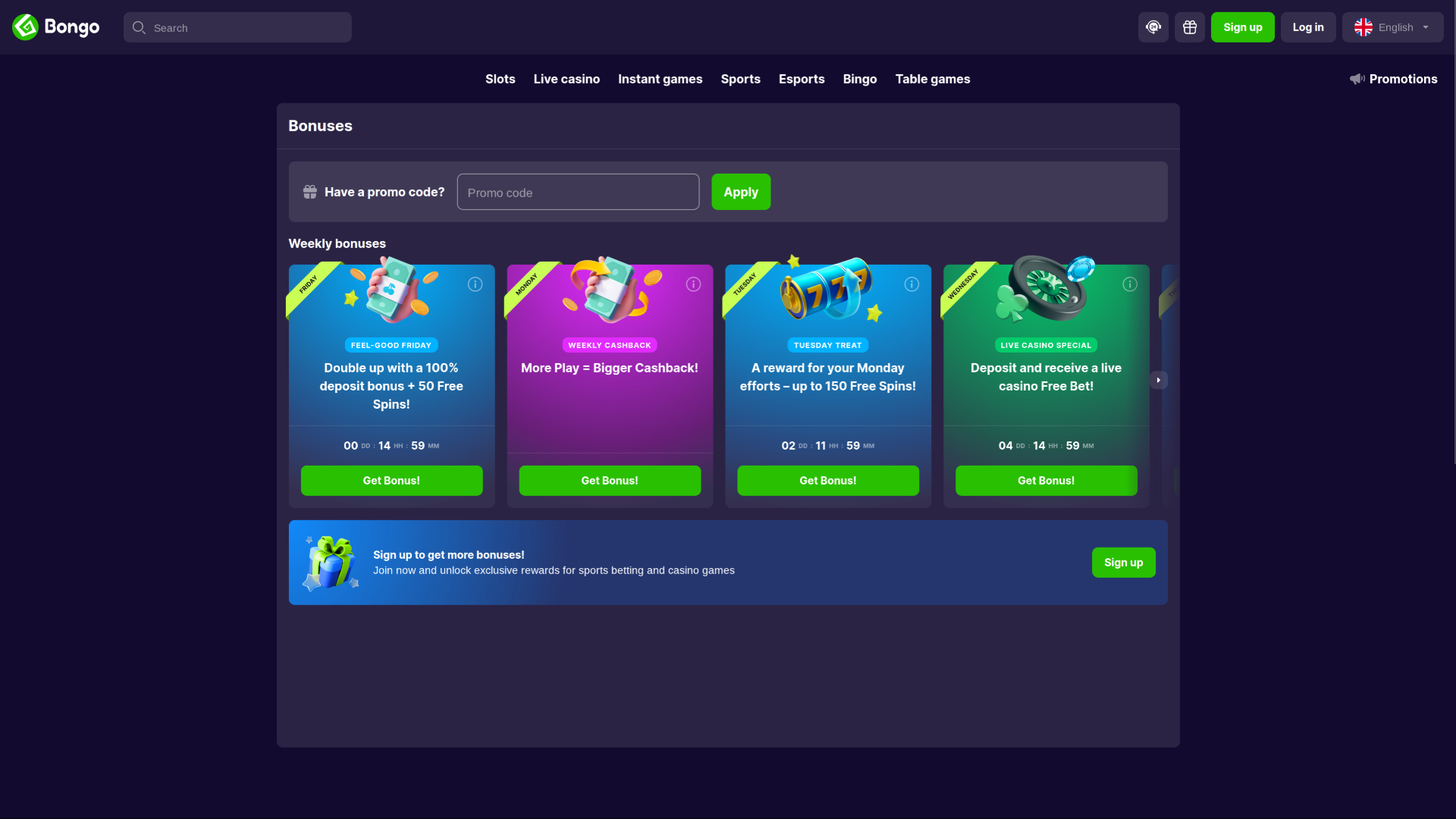 Promozioni desktop di Bongo Casino