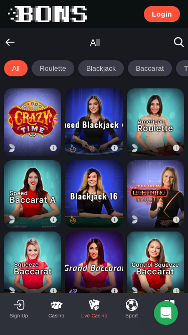 Croupier en direct mobile de Bons Casino
