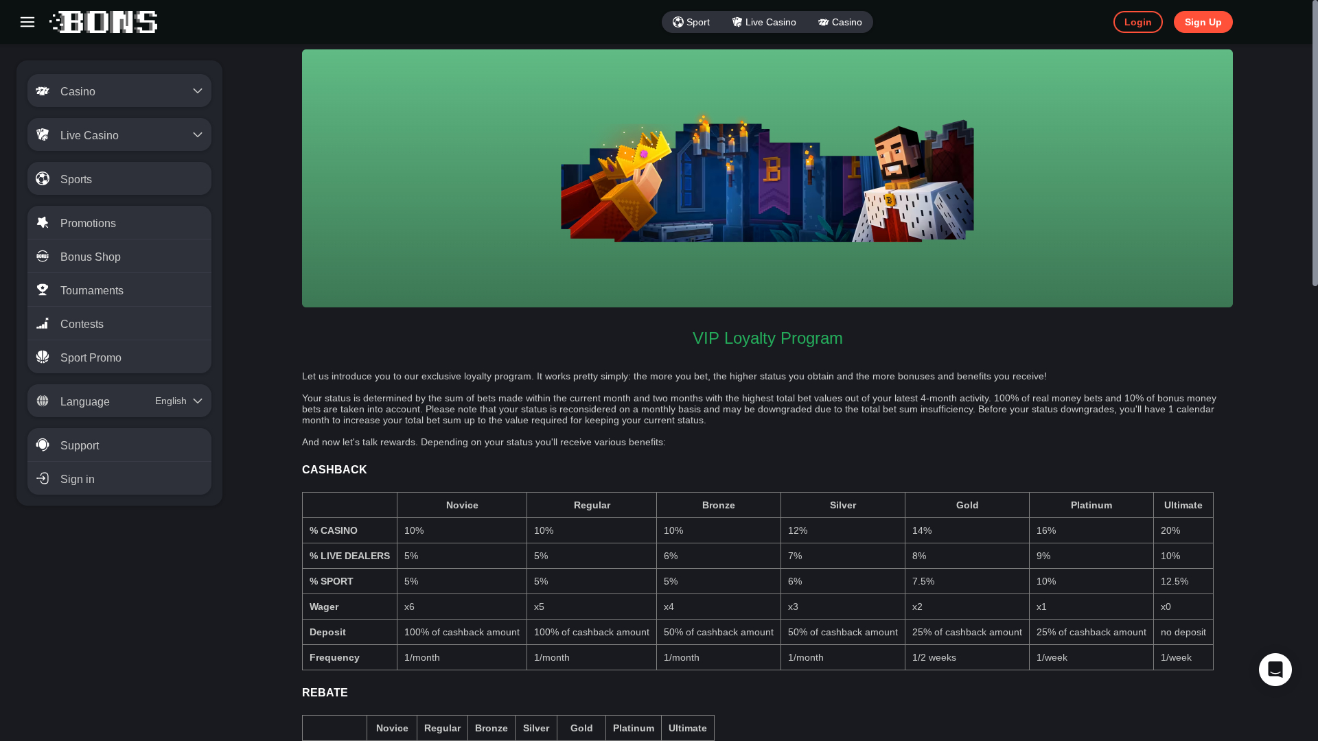 Programme VIP pour ordinateur de bureau du casino Bons