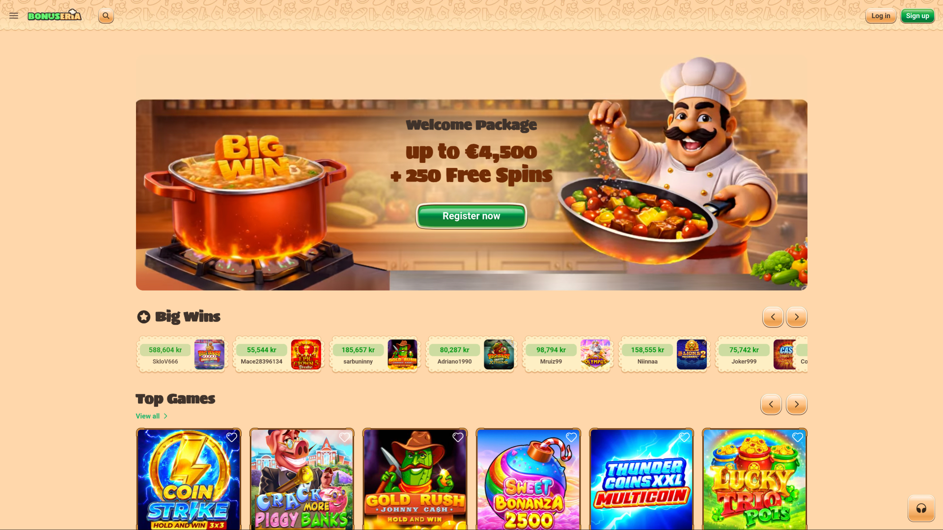 Página inicial do Bonuseria Casino para computador