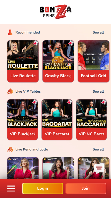 Live dealer mobile di Bonza Spins Casino