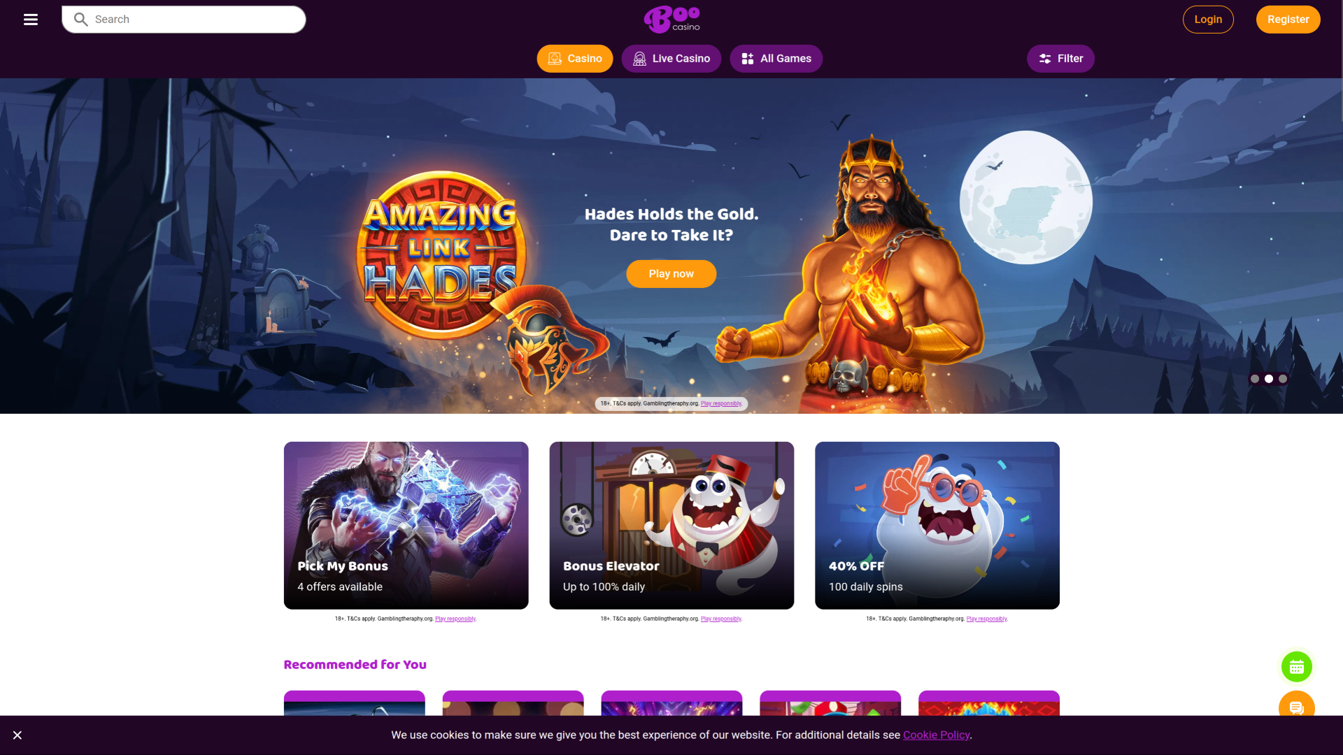 Página de inicio de escritorio de Boo Casino