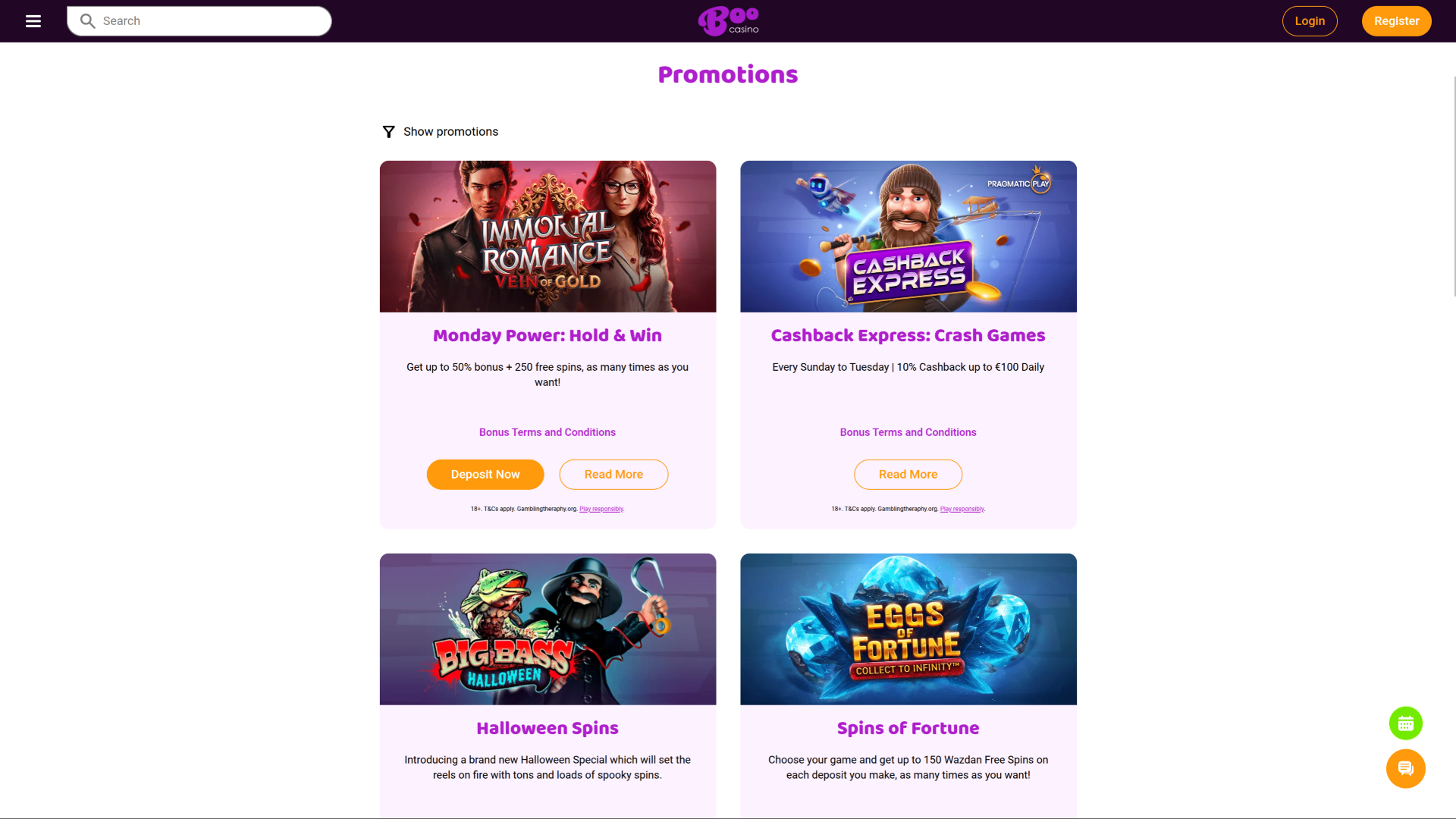 Promociones de escritorio de Boo Casino