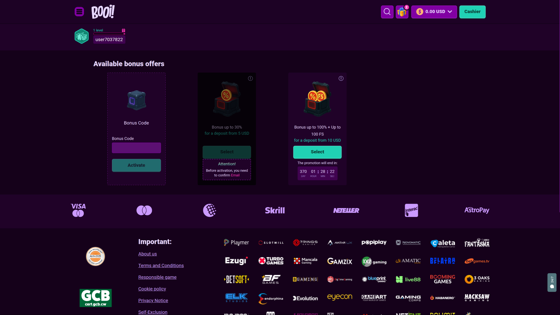 Promoções do Booi Casino para desktop