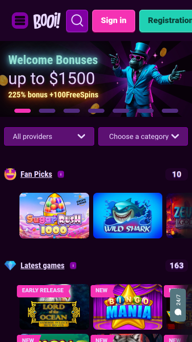 Página inicial móvel do Booi Casino