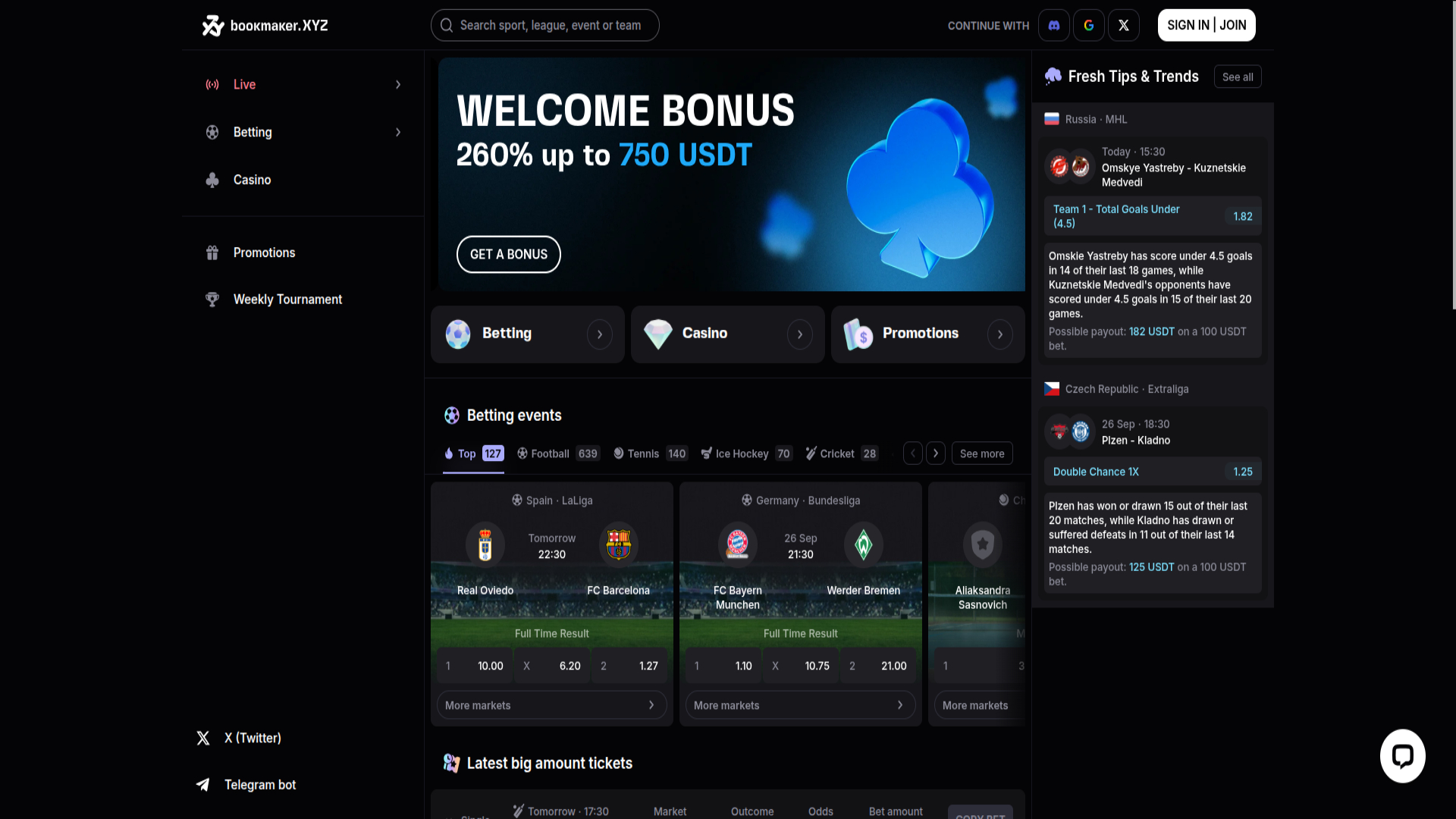 Capture d'écran de la page d'accueil de Bookmaker pour ordinateur de bureau