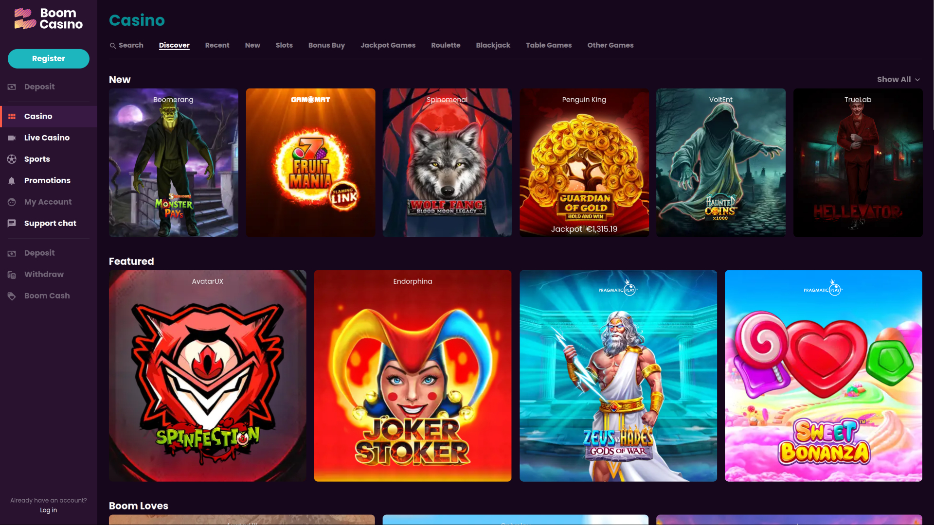 Page d’accueil de Boom Casino pour ordinateur de bureau