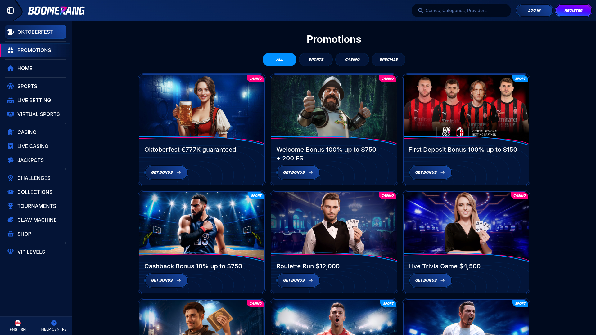 Boomerang Bet Casino Desktop-Aktionen